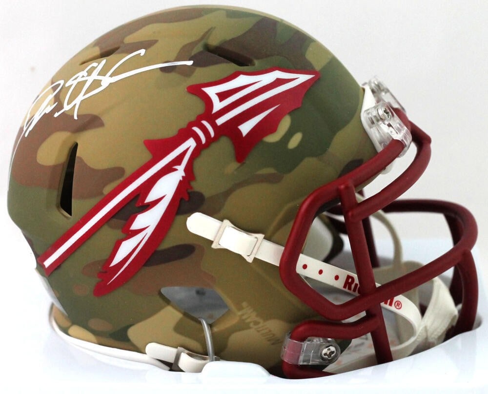 Deion Sanders Signed Florida State Camo Mini Helmet Beckett Auth: Deion Sanders Signed Florida State Camo Mini Helmet Beckett Auth This collectible mini helmet features the iconic camouflage design and is autographed by Deion Sanders, a legendary player of the Flori