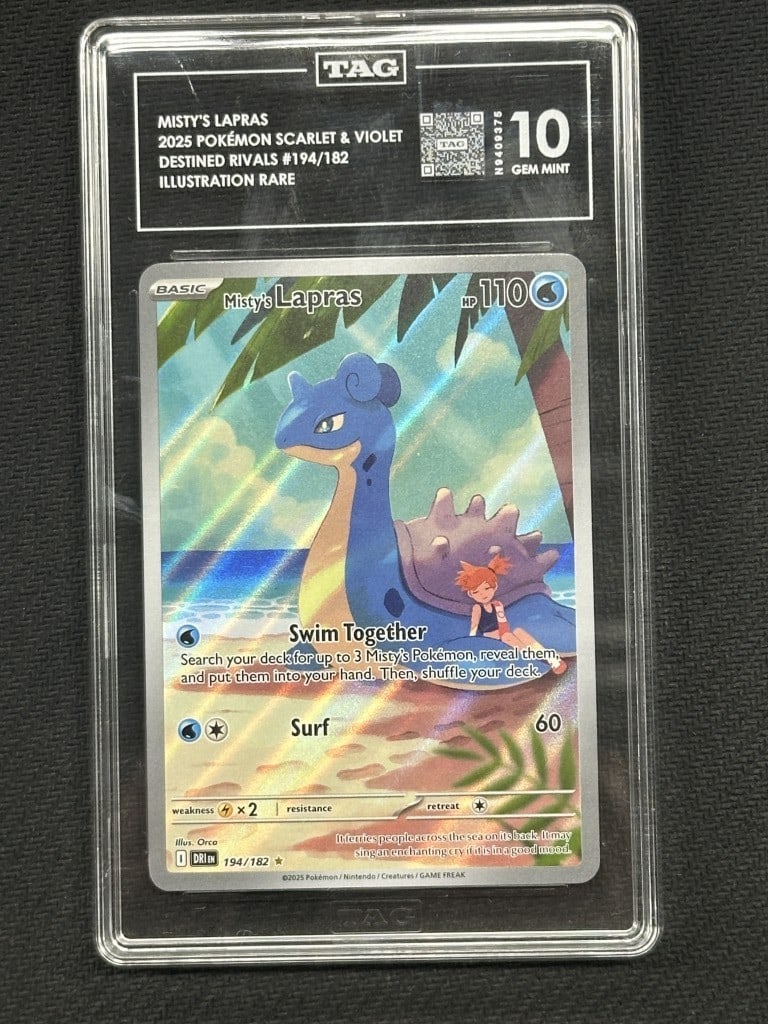 Misty's Lapras Rare TAG 10 Pokemon Destined Rivals Card 194/182: Misty's Lapras Rare TAG 10 Pokemon Destined Rivals Card 194/182 This is a rare card from the Pokemon franchise featuring Misty's Lapras, part of the Pokemon Destined Rivals series. The card is graded