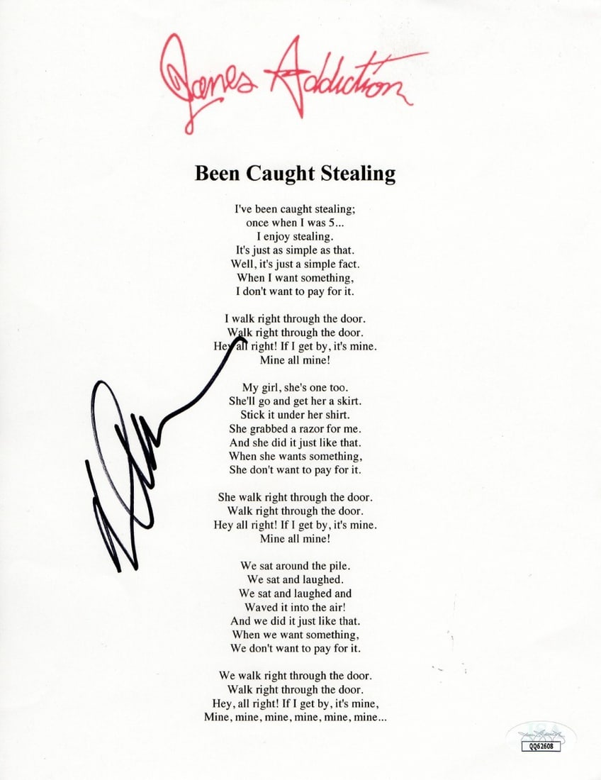Dave Navarro Signed Lyric Sheet Jane's Addiction JSA Authenticated: Dave Navarro Signed Lyric Sheet Jane's Addiction JSA Authenticated This is an original autographed lyric sheet by Dave Navarro, featuring his signature authenticated by James Spence Authentication (JS