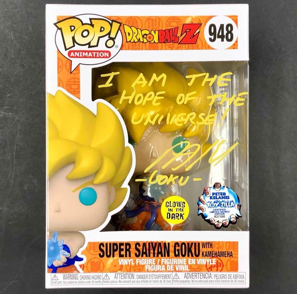 Limited Edition Super Saiyan Goku Funko Pop Signed by Peter Kelamis COA: Limited Edition Super Saiyan Goku Funko Pop Signed by Peter Kelamis COA This limited edition Super Saiyan Goku Funko Pop figure is a must-have for any Dragonball Z fan. It features a vibrant glow and