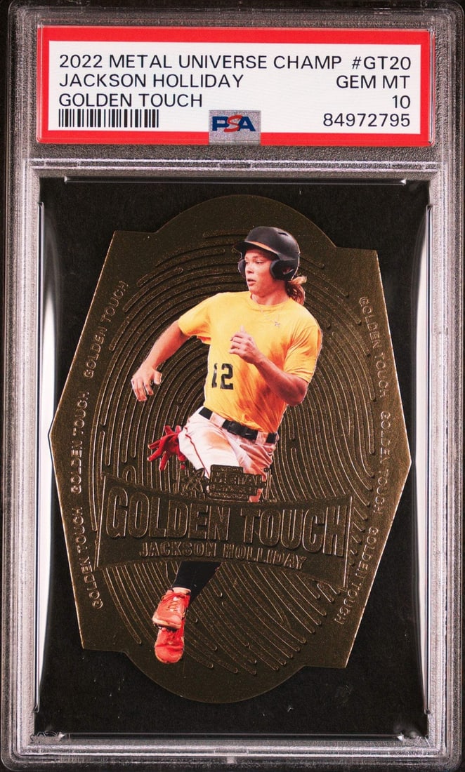2023 Metal U Jackson Holliday #GT20 RC Baseball Card PSA 10: 2023 Metal U Jackson Holliday #GT20 RC Baseball Card PSA 10 This is a graded 2023 Metal U Jackson Holliday #GT20 Golden Touch rookie card, featuring the talented player from the Baltimore Orioles. The