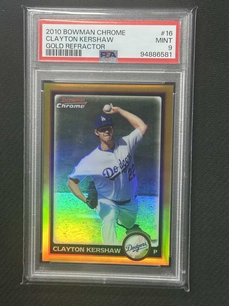 Clayton Kershaw 2010 Bowman Chrome Gold Refractor PSA 9 #16 Dodgers: Clayton Kershaw 2010 Bowman Chrome Gold Refractor PSA 9 #16 Dodgers This is a highly sought-after 2010 Bowman Chrome Gold Refractor baseball card featuring Clayton Kershaw, a standout player for the L