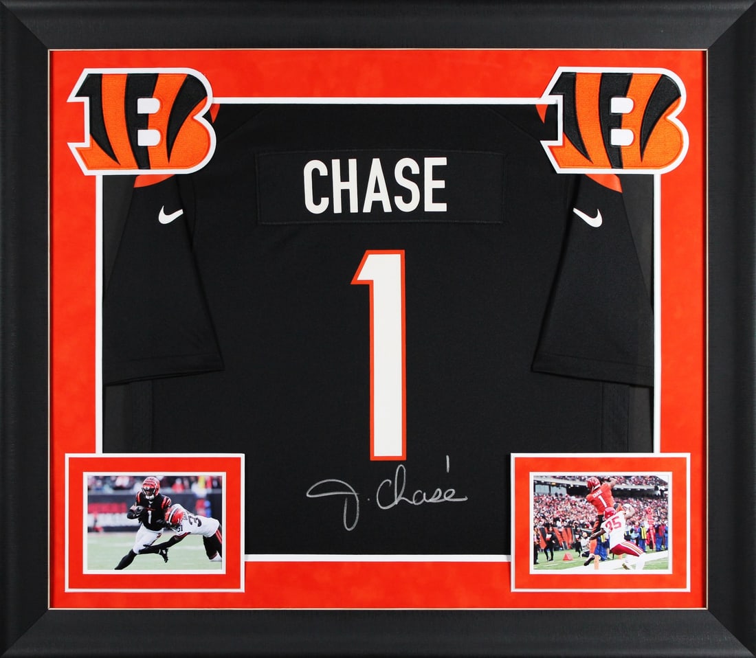Ja'Marr Chase Signed Black Nike Framed Jersey BAS Witnessed: Ja'Marr Chase Signed Black Nike Framed Jersey BAS Witnessed This authentic black Nike game jersey has been personally signed by Ja'Marr Chase of the Cincinnati Bengals. It features a Beckett Authentic