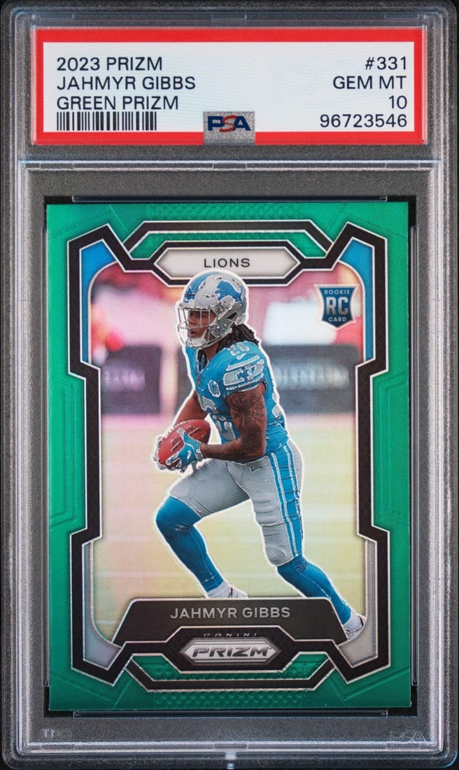 2023 Panini Prizm Jahmyr Gibbs #331 Green Rookie Football Card PSA 10 (1 of 2)