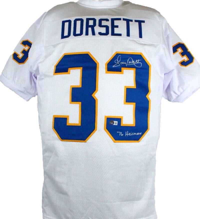 Tony Dorsett Autographed Jersey Pittsburgh Panthers Heisman Beckett Authenticated: Tony Dorsett Autographed Jersey Pittsburgh Panthers Heisman Beckett Authenticated This is an original white college style jersey autographed by football legend Tony Dorsett. Representing the Pittsburg