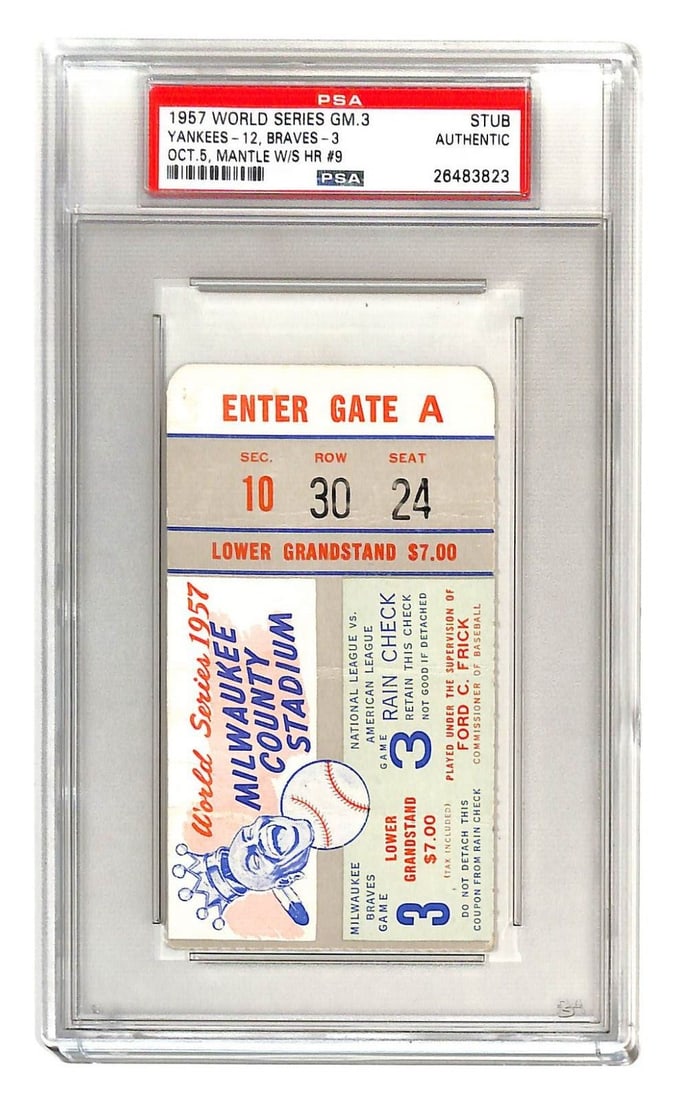 1957 World Series Game 3 Ticket Mickey Mantle Braves Yankees PSA 3823 (1 of 3)