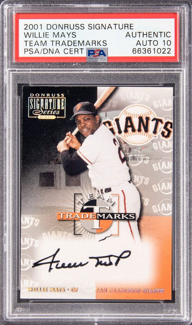 2001 Donruss Signature Series Willie Mays Auto 175/195 PSA 10: 2001 Donruss Signature Series Willie Mays Auto 175/195 PSA 10 Celebrate the legacy of baseball legend Willie Mays with this limited-edition 2001 Donruss Signature Series Team Trademarks collectible. T