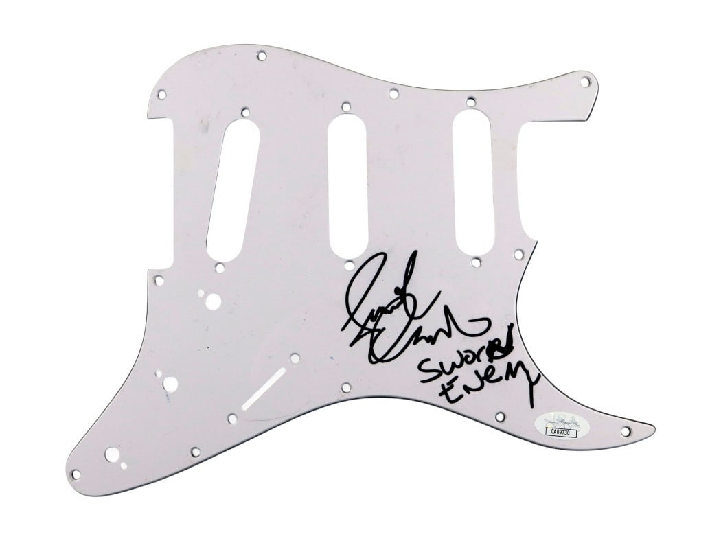 Lorenzo Antonucci Signed Guitar Pickguard JSA Authenticated Original: Lorenzo Antonucci Signed Guitar Pickguard JSA Authenticated Original This is an authentic autographed guitar pickguard signed by Lorenzo Antonucci, a member of the band Sworn Enemy. The signature come
