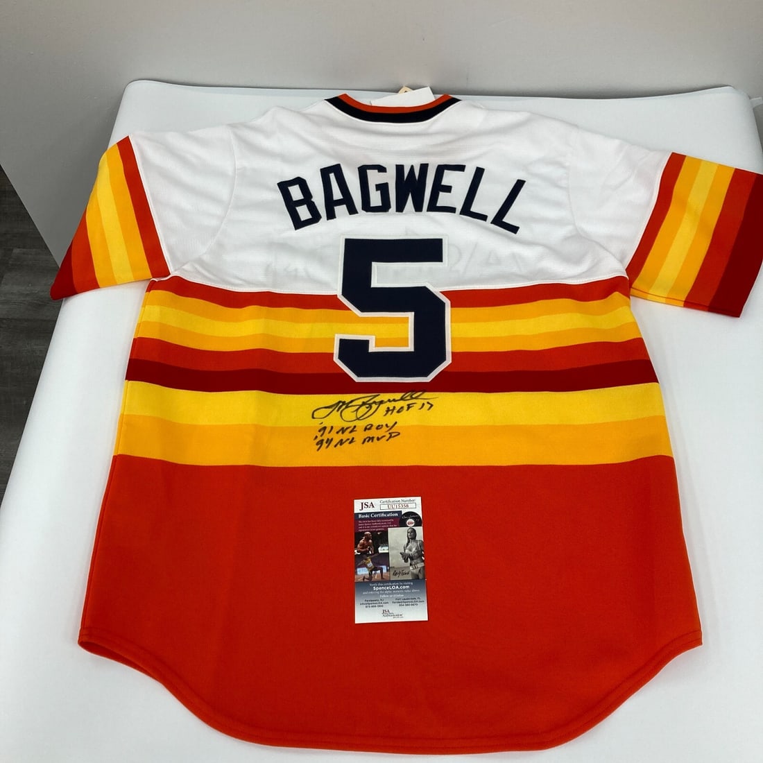 Jeff Bagwell Signed Houston Astros Jersey with Inscriptions JSA COA: Jeff Bagwell Signed Houston Astros Jersey with Inscriptions JSA COA Celebrate the legacy of Jeff Bagwell with this heavily inscribed Houston Astros jersey. This Majestic "Cooperstown Collection" jerse