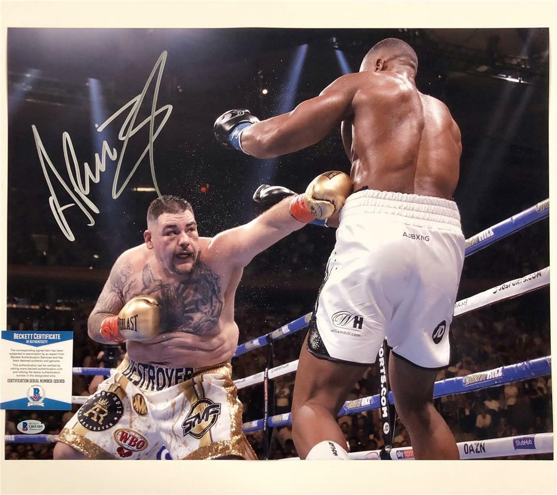 Andy Ruiz Jr Signed 16x20 Boxing Photo vs Anthony Joshua Beckett COA: Andy Ruiz Jr Signed 16x20 Boxing Photo vs Anthony Joshua Beckett COA Capture a piece of boxing history with this authentic 16x20 photo featuring Andy Ruiz Jr. in his iconic match against Anthony Joshu
