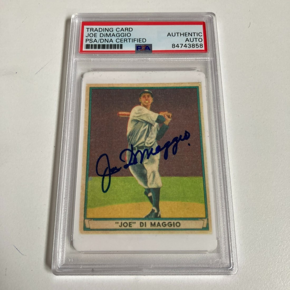 1941 Play Ball Joe Dimaggio Signed Baseball Card PSA Authenticated: 1941 Play Ball Joe Dimaggio Signed Baseball Card PSA Authenticated This is a 1941 Play Ball Joe Dimaggio Signed Porcelain Baseball Card, featuring the legendary baseball player Joe Dimaggio's autograp