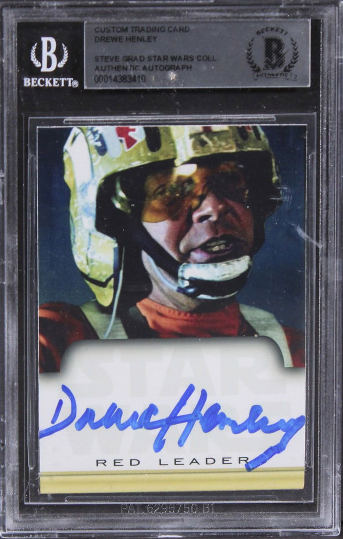 Drew Henley Star Wars Signed Trading Card Beckett Authenticated: Drew Henley Star Wars Signed Trading Card Beckett Authenticated This authentic trading card features the signature of Drew Henley, known for his role in Star Wars. The card is slabbed for protection a