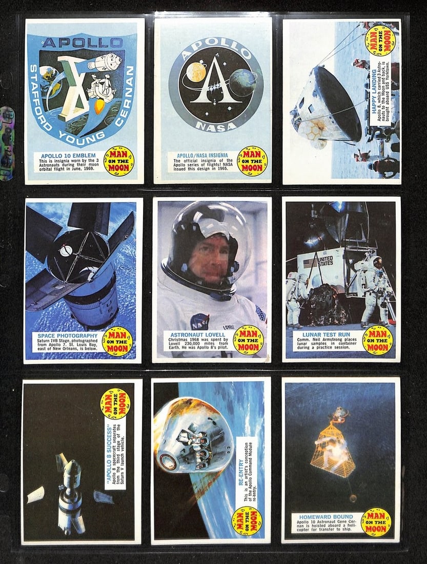 1969-1970 Man on the Moon Complete Card Set 1-99 with Wrapper: 1969-1970 Man on the Moon Complete Card Set 1-99 with Wrapper Explore this original 1969-1970 Man on the Moon Complete Card Set, featuring all 99 cards stored professionally in 9 pocket mylar pages. T