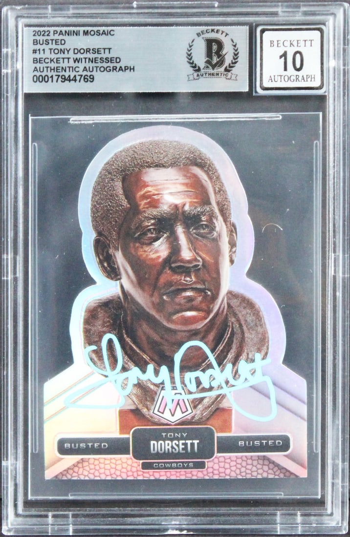 Tony Dorsett Signed 2022 Panini Mosaic Busted #11 Auto Gem Mint 10 Beckett: Tony Dorsett Signed 2022 Panini Mosaic Busted #11 Auto Gem Mint 10 Beckett This is a 2022 Panini Mosaic Busted #11 card featuring the autographed signature of Tony Dorsett, a legendary player of the D