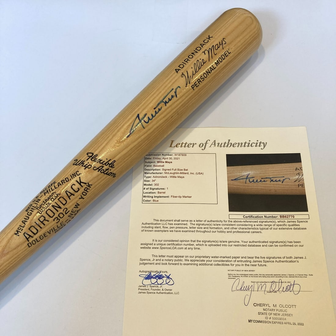 Willie Mays Signed Adirondack Baseball Bat with JSA COA (1 of 6)