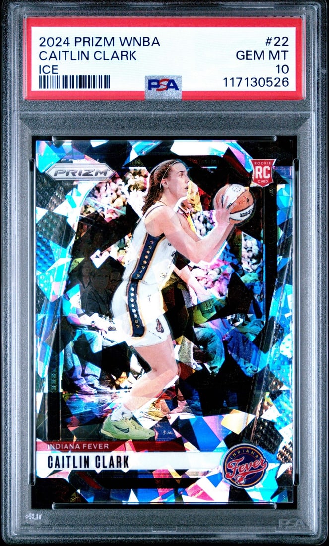 2024 Panini Prizm Caitlin Clark #22 Ice Rookie Card PSA 10: 2024 Panini Prizm Caitlin Clark #22 Ice Rookie Card PSA 10 This is a graded 2024 Panini Prizm Caitlin Clark #22 Ice Rookie RC Basketball Card, boasting an impressive PSA grade of 10. The card features