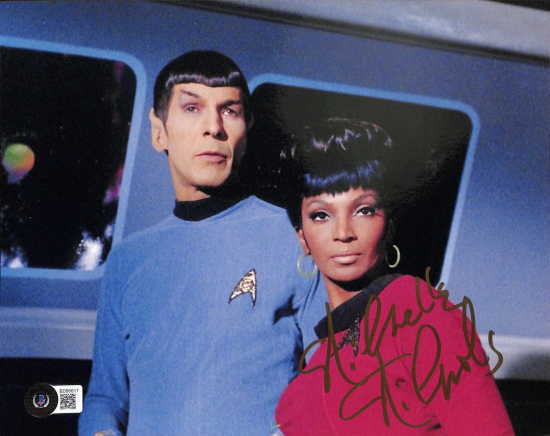 Nichelle Nichols Signed 8x10 Lt. Uhura Photo Beckett Certified: Nichelle Nichols Signed 8x10 Lt. Uhura Photo Beckett Certified This 8x10 photo captures Nichelle Nichols as Lt. Uhura alongside Leonard Nimoy as Spock, showcasing a memorable moment from Star Trek: Th