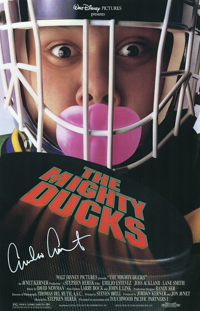 Emilio Estevez Signed Mighty Ducks Goldberg 11x17 Poster with COA: Emilio Estevez Signed Mighty Ducks Goldberg 11x17 Poster with COA This original 11x17 movie poster features Emilio Estevez's signature and showcases an iconic image from the film The Mighty Ducks, spe