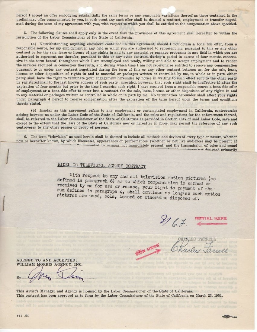 Charles Farrell Signed Contract Autographed JSA Authenticated: Charles Farrell Signed Contract Autographed JSA Authenticated This is an original signed contract by Charles Farrell, a notable TV movie actor. The autograph has been authenticated by James Spence Aut
