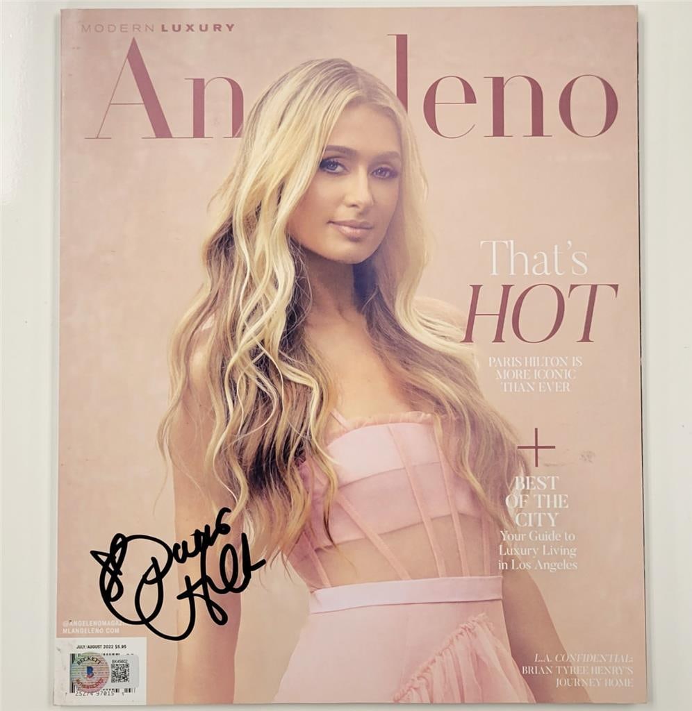 Paris Hilton Autographed Angeleno Magazine Beckett Authenticated: Paris Hilton Autographed Angeleno Magazine Beckett Authenticated This is an original Angeleno Magazine featuring a signature from Paris Hilton, authenticated by Beckett. The magazine is pre-owned, sho