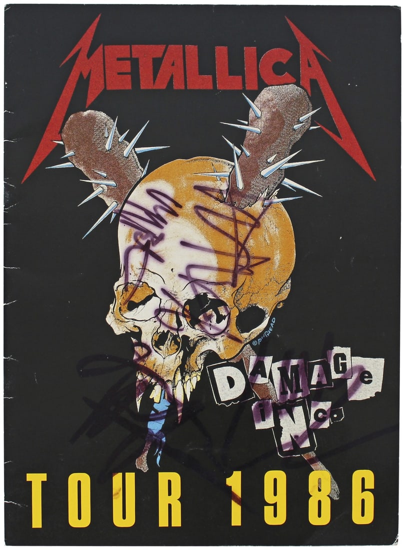 Metallica 1986 Damage Inc Tour Program Signed by Hetfield Burton Hammett Ulrich COA: Metallica 1986 Damage Inc Tour Program Signed by Hetfield Burton Hammett Ulrich COA This authentic 1986 Metallica Damage Inc Tour Program features the signatures of band members James Hetfield, Cliff
