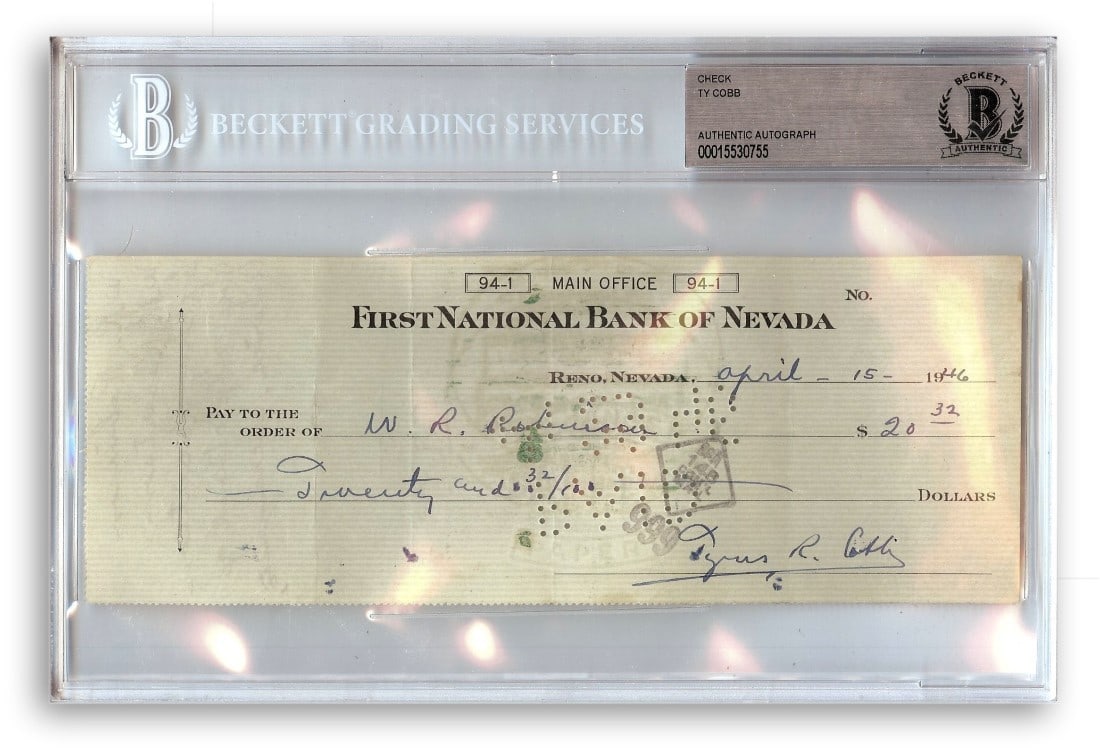 Ty Cobb Autographed Bank Check Detroit Tigers 1946 Beckett Authenticated: Ty Cobb Autographed Bank Check Detroit Tigers 1946 Beckett Authenticated This is an original bank check signed by the legendary baseball player Ty Cobb, authenticated by Beckett Authentication Service