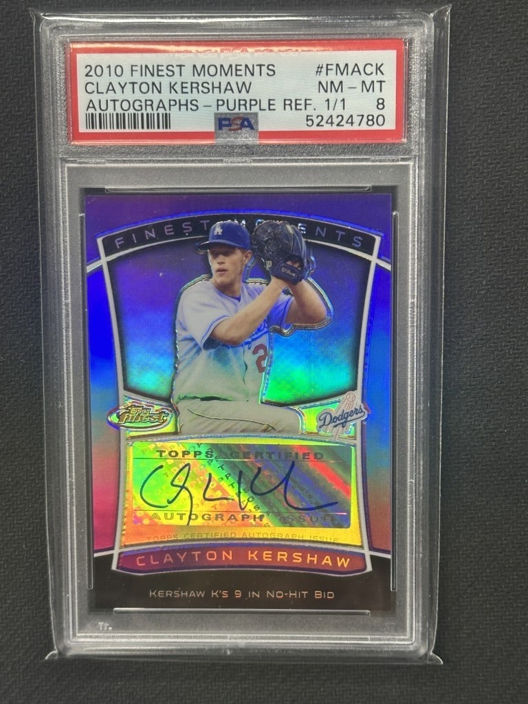 Clayton Kershaw 2010 Topps Finest Moments Purple Auto PSA 8 1/1 Dodgers: Clayton Kershaw 2010 Topps Finest Moments Purple Auto PSA 8 1/1 Dodgers Celebrate the brilliance of Clayton Kershaw with this 2010 Topps Finest Moments Purple Autographed Baseball Card. This unique co