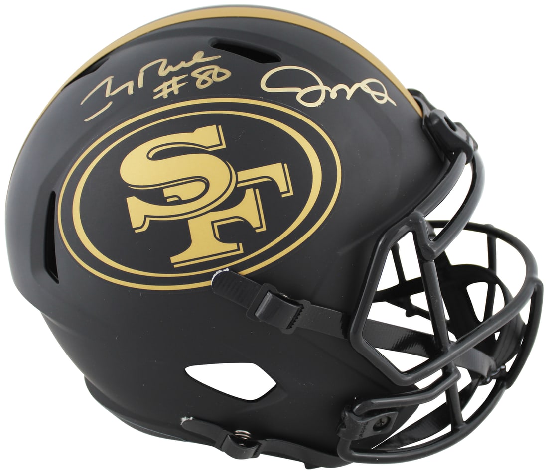Joe Montana Jerry Rice Signed 49ers Eclipse Full Size Helmet JSA COA: Joe Montana Jerry Rice Signed 49ers Eclipse Full Size Helmet JSA COA This autographed alternate Eclipse full-size Speed replica helmet features the signatures of legendary San Francisco 49ers players