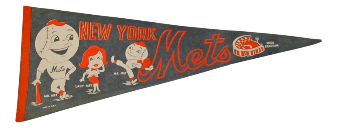 Vintage 1960s New York Mets Mr Met 30 Inch Pennant MLB: Vintage 1960s New York Mets Mr Met 30 Inch Pennant MLB Celebrate the rich history of baseball with this Vintage 1960's New York Mets Mr Met 30" Pennant. Officially licensed by MLB, this original piece