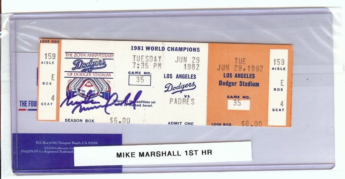 Mike Marshall Autographed Ticket Dodgers 1st Home Run 6/29/82 PSA (1 of 2)