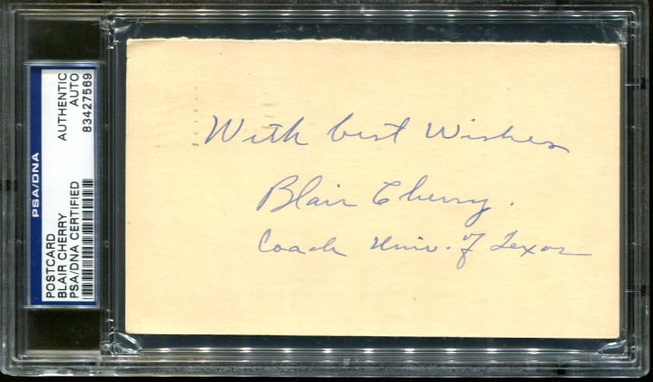 Blair Cherry Autographed Postcard 1949 GPC Longhorns PSA/DNA: Blair Cherry Autographed Postcard 1949 GPC Longhorns PSA/DNA This is an original autographed postcard featuring Blair Cherry, a notable figure in NCAA football. The postcard is part of the GPC Longhor