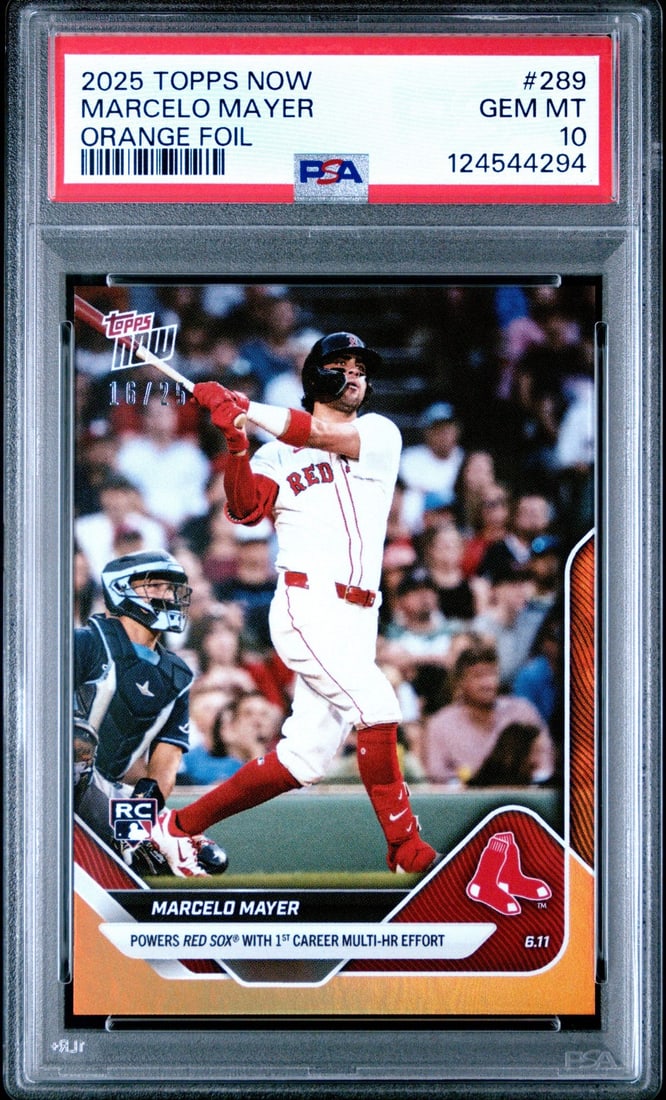2025 Topps Now Marcelo Mayer #289 Orange Foil /25 RC PSA 10 Baseball Card: 2025 Topps Now Marcelo Mayer #289 Orange Foil /25 RC PSA 10 Baseball Card Discover the exceptional 2025 Topps Now Marcelo Mayer #289 Orange Foil /25 RC Baseball Card, graded PSA 10. This limited editi