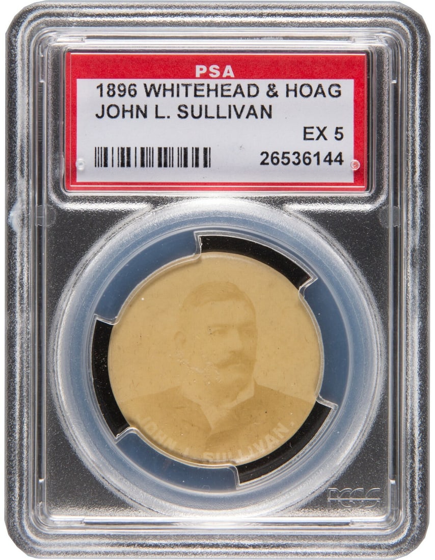 1896 Whitehead & Hoag John L Sullivan Baseball Card PSA EX 5: 1896 Whitehead & Hoag John L Sullivan Baseball Card PSA EX 5 This is an original 1896 baseball card featuring the legendary player John L Sullivan, known for his impactful presence in the sport. Manuf