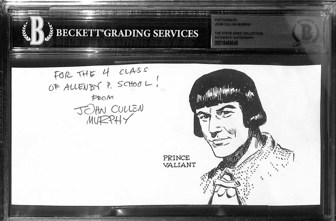 John Cullen Murphy Signed 9x6 Prince Valiant Illustration BECKETT Authenticated: John Cullen Murphy Signed 9x6 Prince Valiant Illustration BECKETT Authenticated This unique 9x6 inch print features a hand-drawn illustration of Prince Valiant, personally inscribed and signed by reno