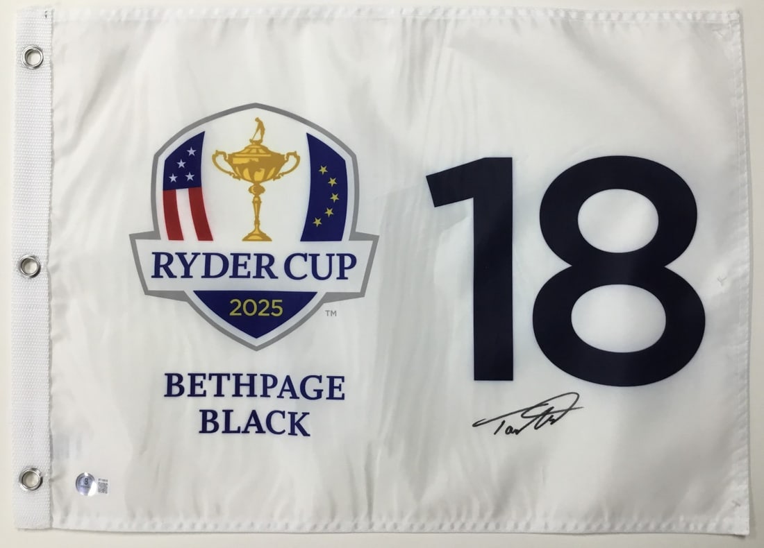 Tommy Fleetwood Signed 2025 Ryder Cup Bethpage Black Flag Beckett Authenticated: Tommy Fleetwood Signed 2025 Ryder Cup Bethpage Black Flag Beckett Authenticated Celebrate the excitement of the 2025 Ryder Cup with this official 18 pin flag, uniquely signed by PGA star Tommy Fleetwo