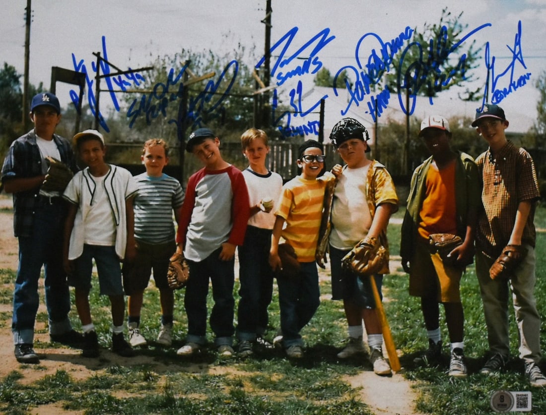 Sandlot Cast Autographed 11x14 Photo Beckett Authenticated: Sandlot Cast Autographed 11x14 Photo Beckett Authenticated This authentic 11x14 photo features the cast of the beloved film 'The Sandlot,' uniquely autographed by eight members with inscriptions. This