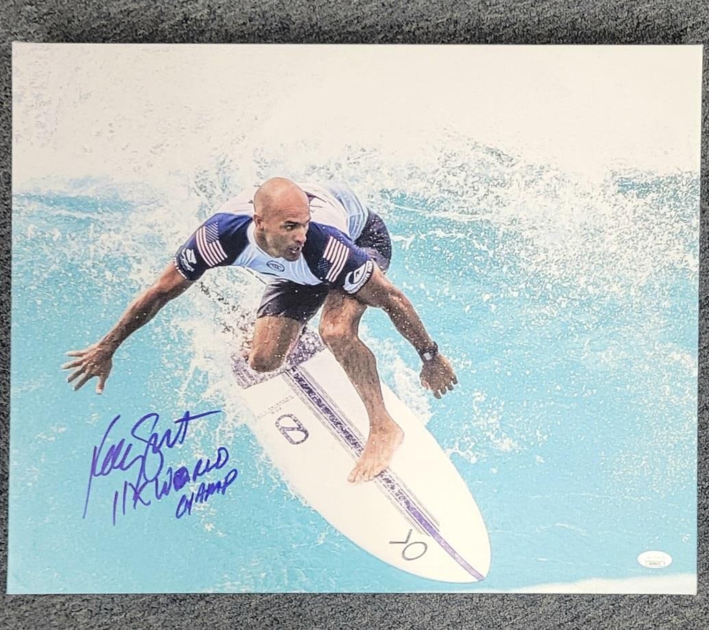 Kelly Slater Signed 11x World Champ 16x20 Canvas Photo JSA Authenticated: Kelly Slater Signed 11x World Champ 16x20 Canvas Photo JSA Authenticated This stunning 16x20 canvas photo captures Kelly Slater, the legendary 11-time World Surfing Champion, in action. The photograph