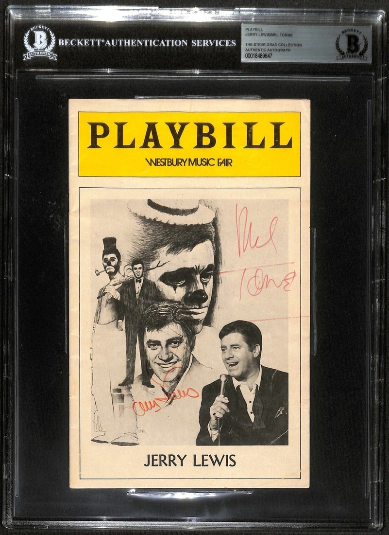 Jerry Lewis Mel Torme Signed Vintage Playbill Westbury Music Fair BECKETT: Jerry Lewis Mel Torme Signed Vintage Playbill Westbury Music Fair BECKETT This vintage Playbill from the Westbury Music Fair is a rare collectible featuring the signatures of two entertainment legends