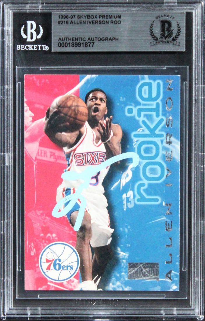 Allen Iverson Signed 1996 Skybox Rookie Card Philadelphia 76ers Beckett Authenticated (1 of 2)