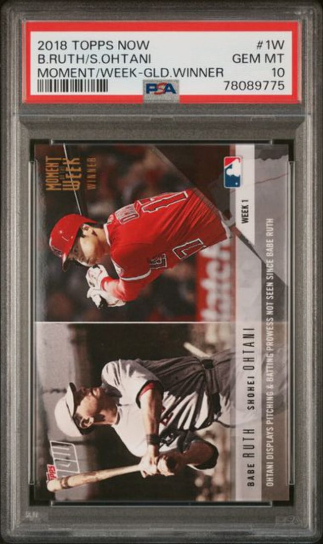 2018 Topps Now Shohei Ohtani Babe Ruth RC Card PSA 10: 2018 Topps Now Shohei Ohtani Babe Ruth RC Card PSA 10 This is a graded 2018 Topps Now Shohei Ohtani Babe Ruth #1W Rookie RC Card, achieving a perfect PSA 10 grade. The card showcases the incredible ta