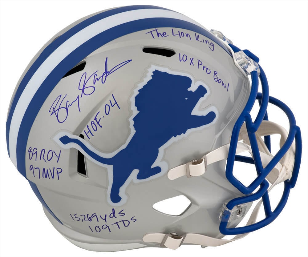Barry Sanders Signed Lions Riddell Full Size Helmet with Inscriptions (1 of 1)