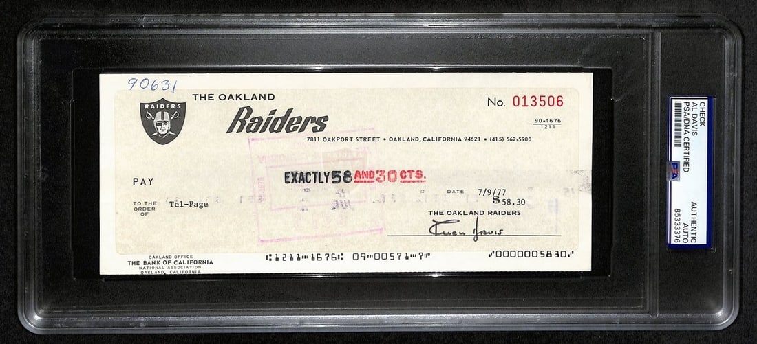 Al Davis Autographed Bank Check Raiders PSA/DNA 8.5x3.5 (1 of 2)