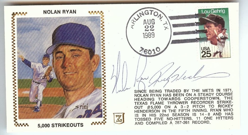 Rickey Henderson Nolan Ryan Dual Signed First Day Cover JSA Authentic: Rickey Henderson Nolan Ryan Dual Signed First Day Cover JSA Authentic This unique First Day Cover features the autographs of baseball legends Rickey Henderson and Nolan Ryan. It showcases a piece of s