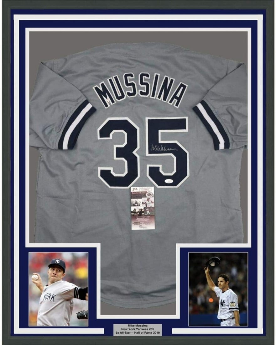 Framed Mike Mussina Autographed Jersey New York Yankees JSA Authenticated: Framed Mike Mussina Autographed Jersey New York Yankees JSA Authenticated Celebrate the legacy of Mike Mussina with this stunning framed autographed New York Yankees grey jersey. This authentic piece