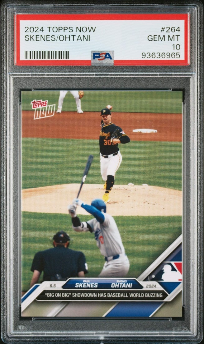 2024 Topps Now Paul Skenes Shohei Ohtani #264 PSA 10 Baseball Card: 2024 Topps Now Paul Skenes Shohei Ohtani #264 PSA 10 Baseball Card This is a graded 2024 Topps Now baseball card featuring Paul Skenes and Shohei Ohtani, identified as #264. The card has achieved a gr