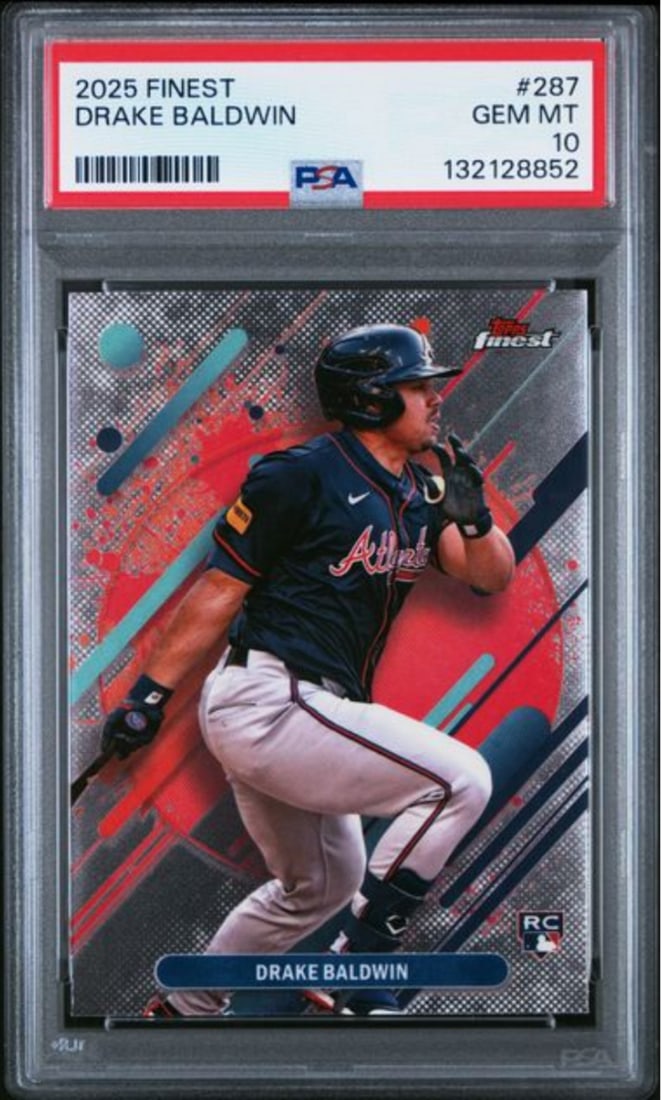 2025 Topps Finest Drake Baldwin Rookie #287 PSA 10 Mint Baseball Card: 2025 Topps Finest Drake Baldwin Rookie #287 PSA 10 Mint Baseball Card This is a graded 2025 Topps Finest Drake Baldwin #287 Rookie RC Baseball Card, certified with a PSA 10 Mint grade. The card featur
