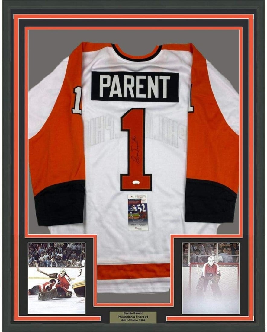 Framed Autographed Bernie Parent Philadelphia Flyers Jersey JSA COA 33x42 (1 of 2)