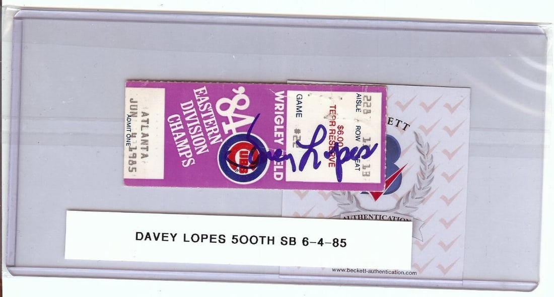 Davey Lopes Autographed Ticket Stub Cubs 500th Stolen Base Beckett Authenticated (1 of 2)