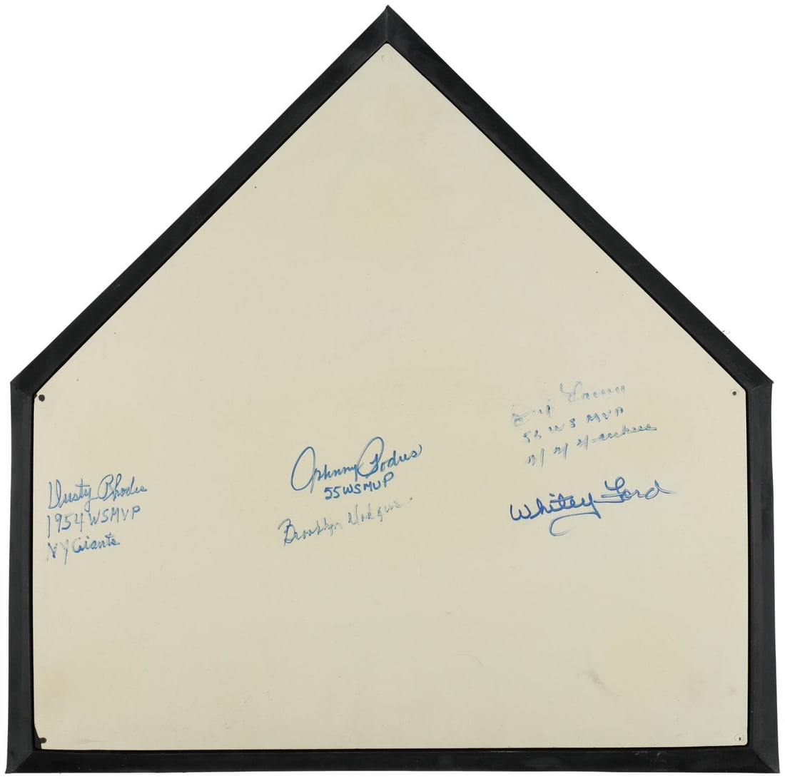 Signed Home Plate by Whitey Ford Don Larsen Dusty Rhodes Johnny Podres BAS: Signed Home Plate by Whitey Ford Don Larsen Dusty Rhodes Johnny Podres BAS This unique collectible features a home plate signed by baseball legends Whitey Ford, Don Larsen, Dusty Rhodes, and Johnny Po