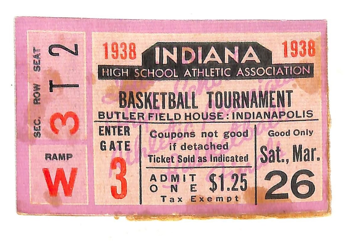 1938 Indiana High School Basketball Finals Ticket Fort Wayne vs South Hammond (1 of 2)